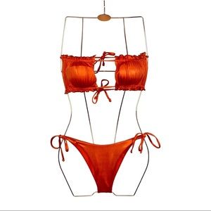 Strapless bandeau bikini top & bottom orange gold shimmer Brazillian swimwear